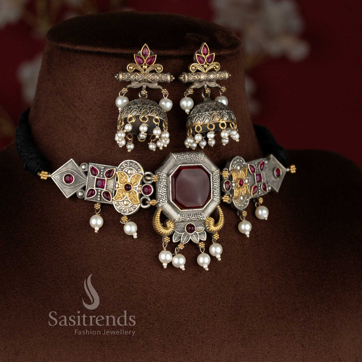 Glorious ruby oxidised mandala floral pearl choker necklace set with coordinated earrings – Sasitrends