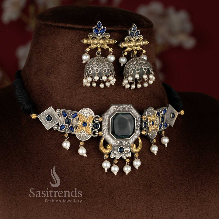 Opulent green-blue oxidised mandala floral pearl choker necklace set with designer earrings – Sasitrends