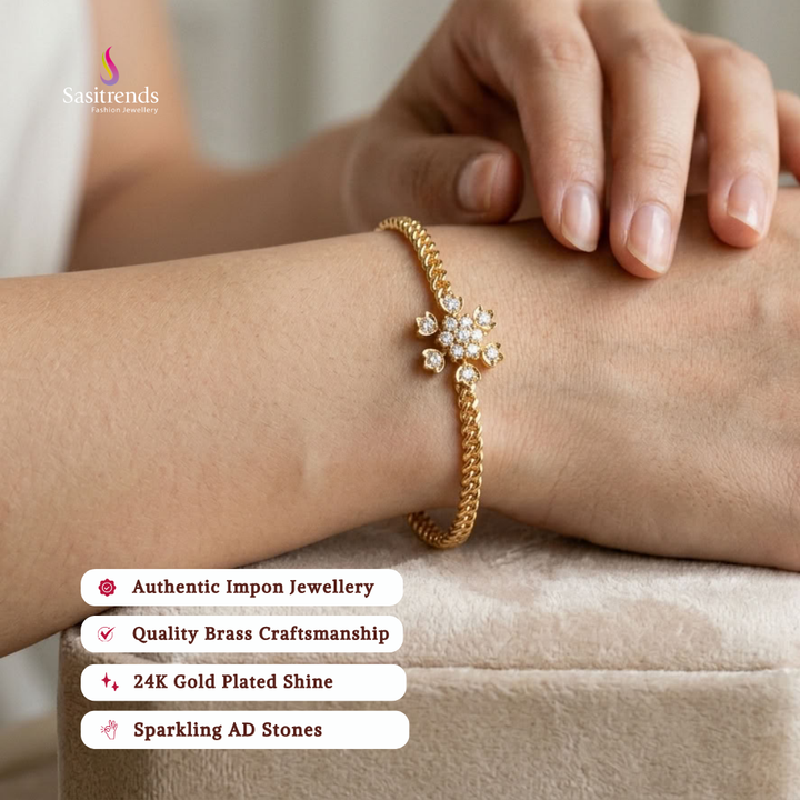 Impon Gold Plated AD Stone Floral Cluster Twisted Chain Bracelet Bangle For Festive Wear - Sasitrends