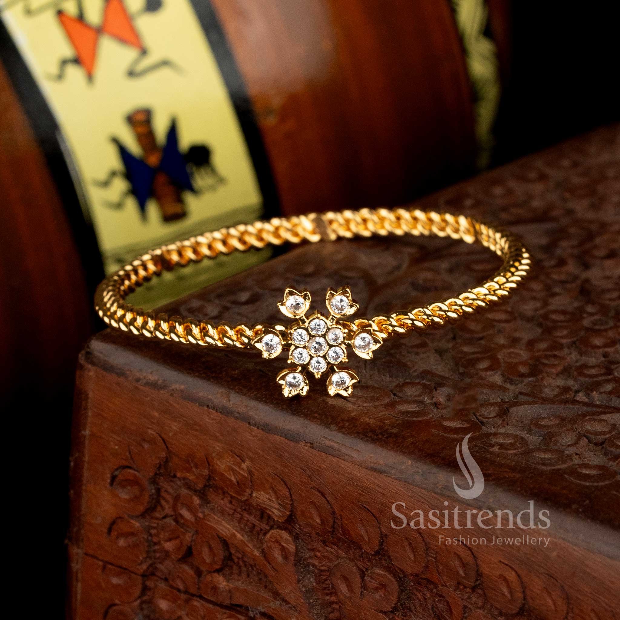 Elegant Impon Gold Plated Floral AD Stone Twisted Rope Chain Bangle - Sasitrends