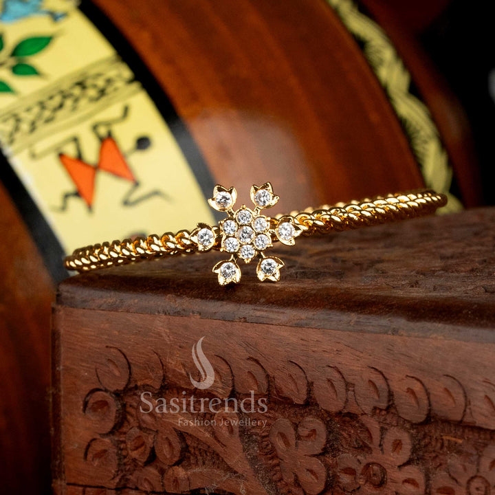 Impon Gold Plated Floral AD Stone Twisted Chain Bangle for Women - Sasitrends