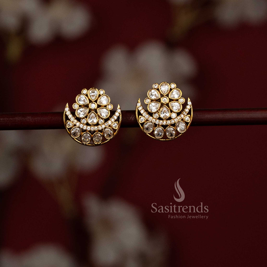sasitrends american diamond matte gold plated floral crescent earrings 2867c