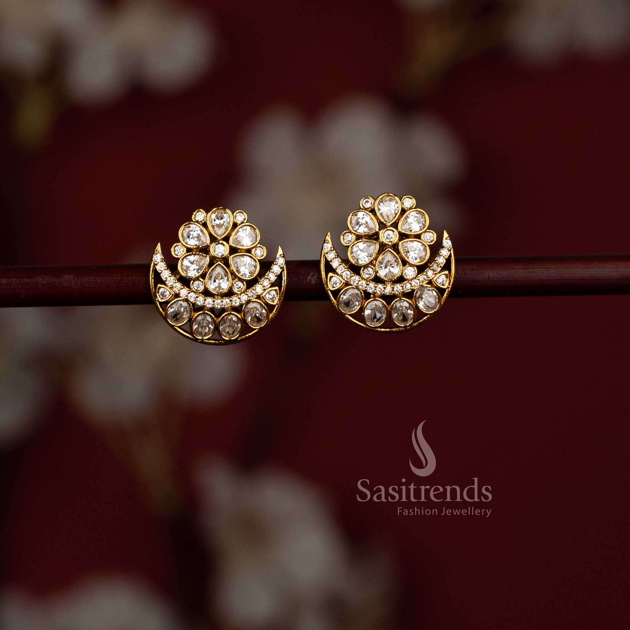 sasitrends american diamond matte gold plated floral crescent earrings 2867c
