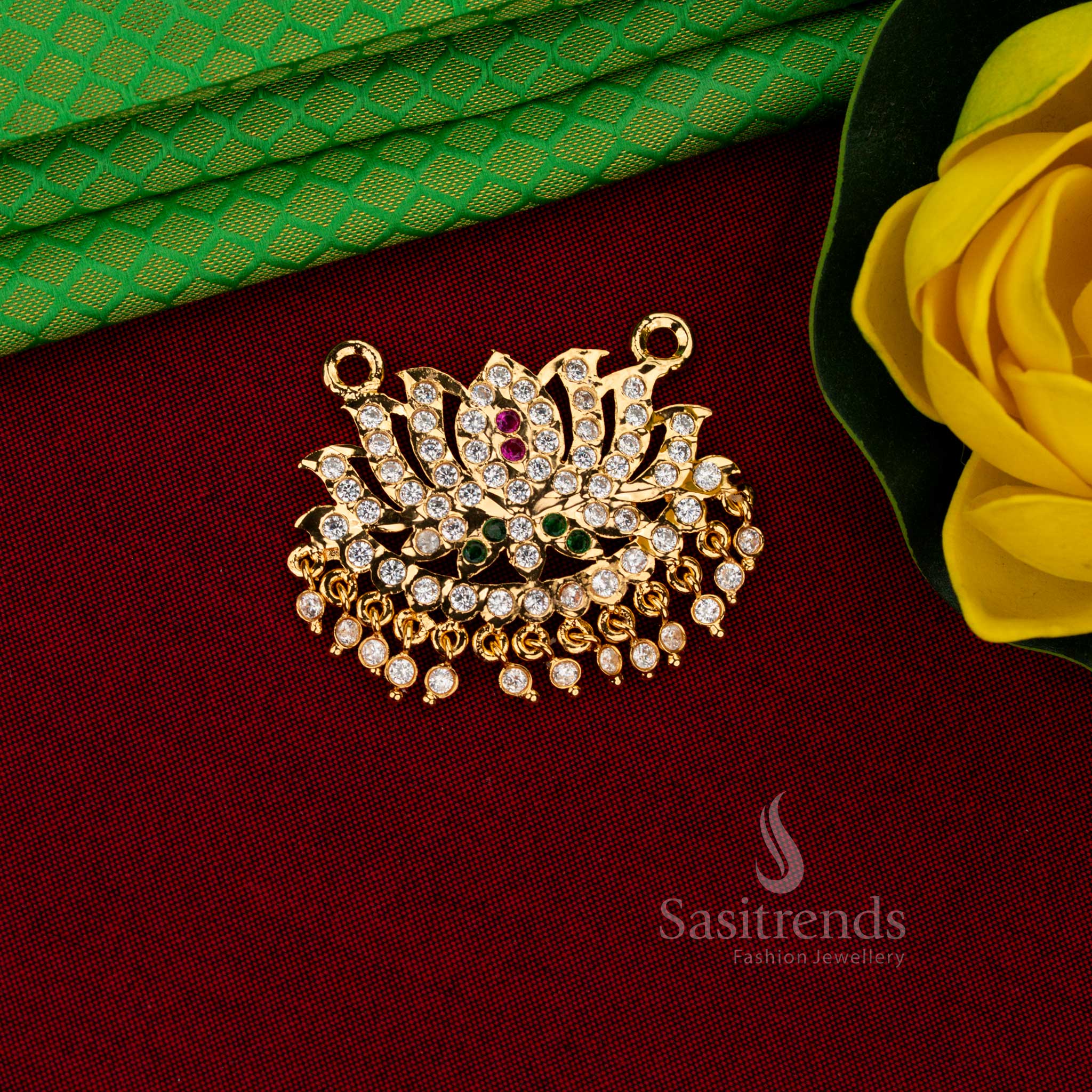 Traditional impon addigai Micro gold plated lotus White ruby green AD stone lotus design addigai pendant from Sasitrends with real gold look finish