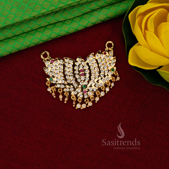 Traditional lotus petal design impon addigai One Gram Micro Gold Plated white ruby green AD stone pendant with structured detailing