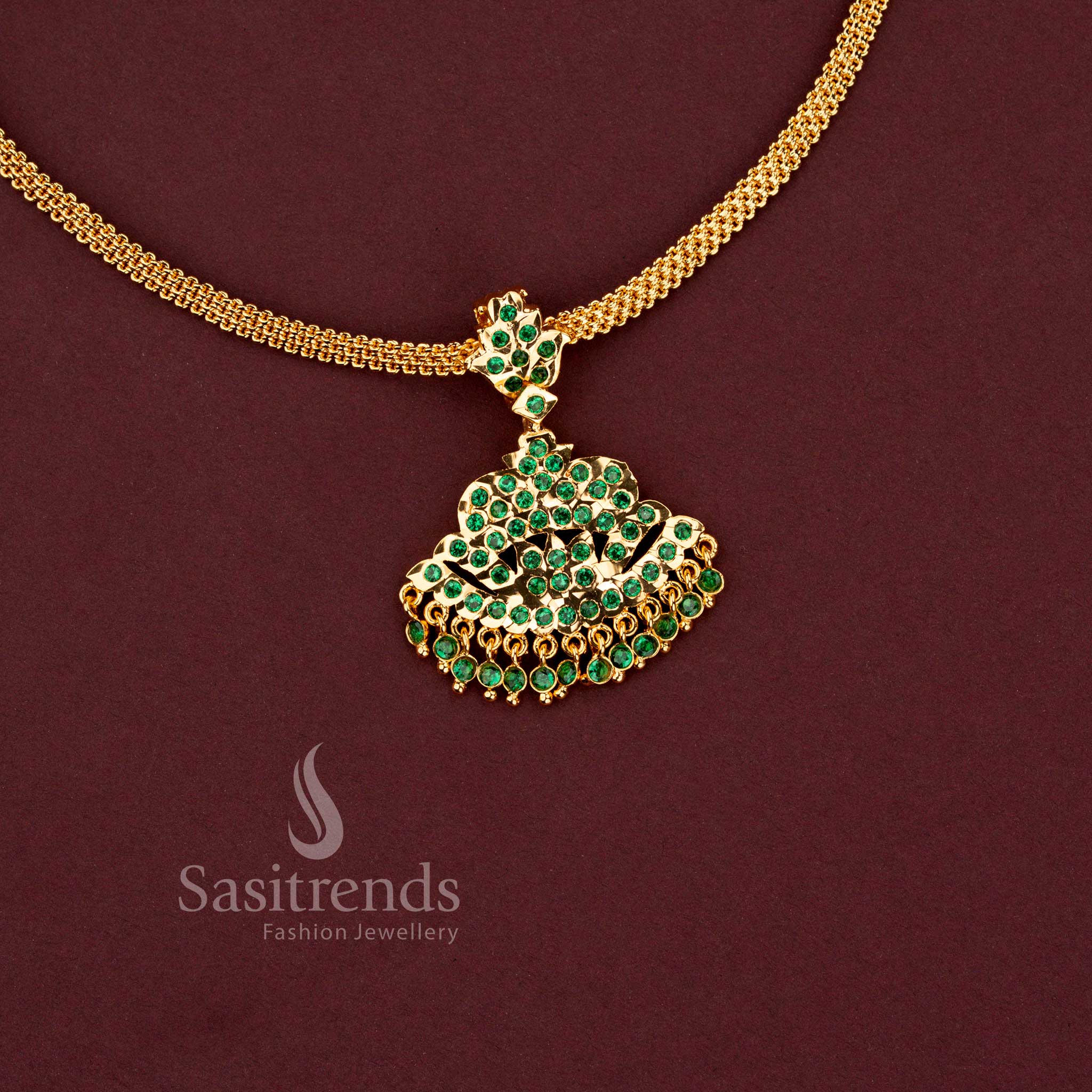 Festive and bridal wear traditional South Indian impon addigai necklace with a bright gold finish - Sasitrends.
