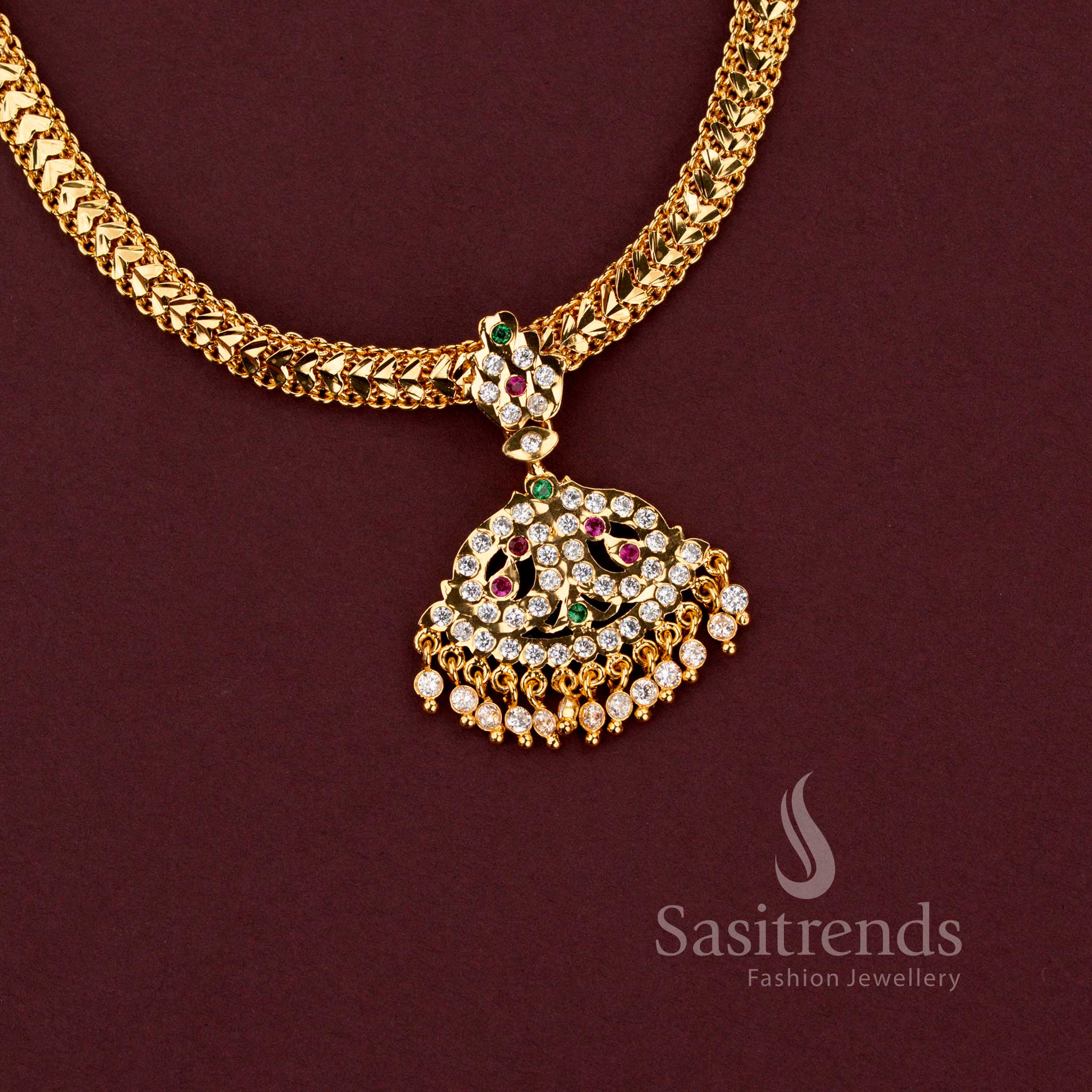 Impon braided gati necklace with fan shaped filigree pendant and Multi AD stone tassels - Sasitrends 