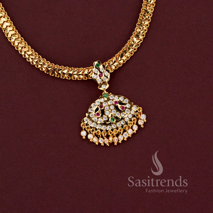 Impon braided gati necklace with fan shaped filigree pendant and Multi AD stone tassels - Sasitrends 