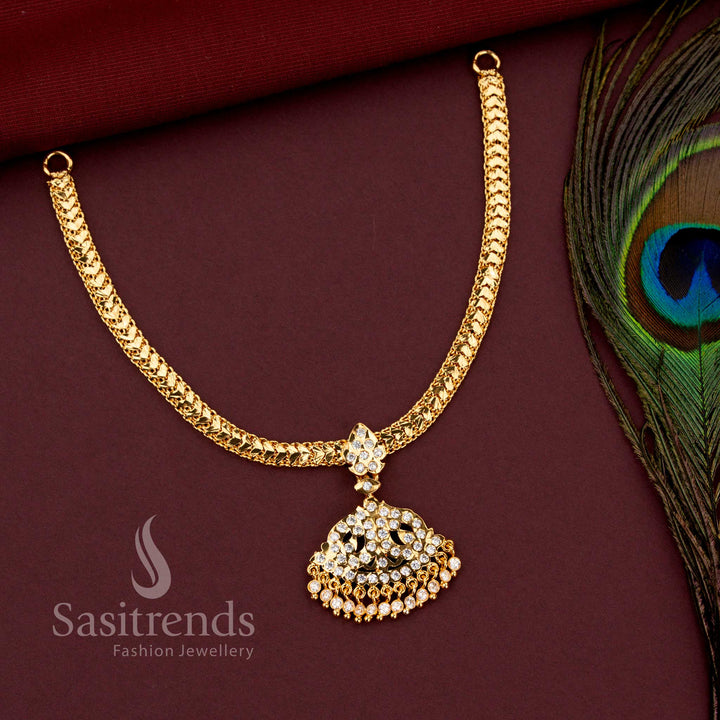 Sasitrends Impon braided gati necklace with fan shaped filigree pendant and AD stone tassels 