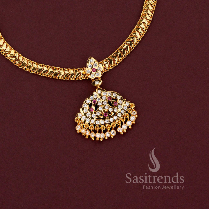 Impon braided gati necklace with fan shaped filigree pendant and AD stone tassels - Sasitrends 