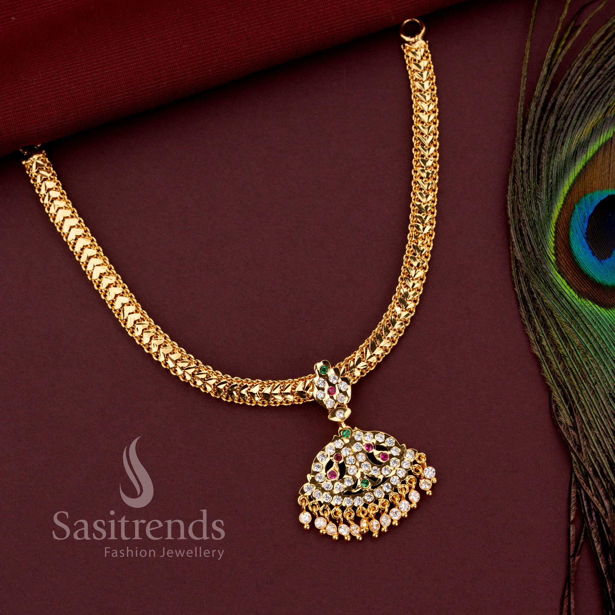 Guaranteed Impon braided gati necklace with fan shaped filigree pendant and Multi AD stone tassels - Sasitrends 
