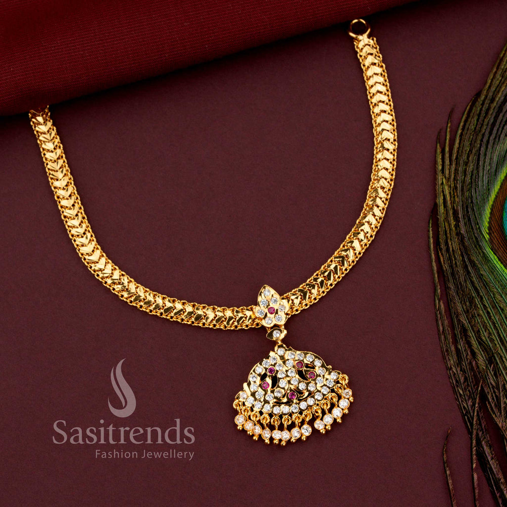 Impon braided gati necklace with fan shaped filigree pendant and AD stone tassels - Sasitrends 