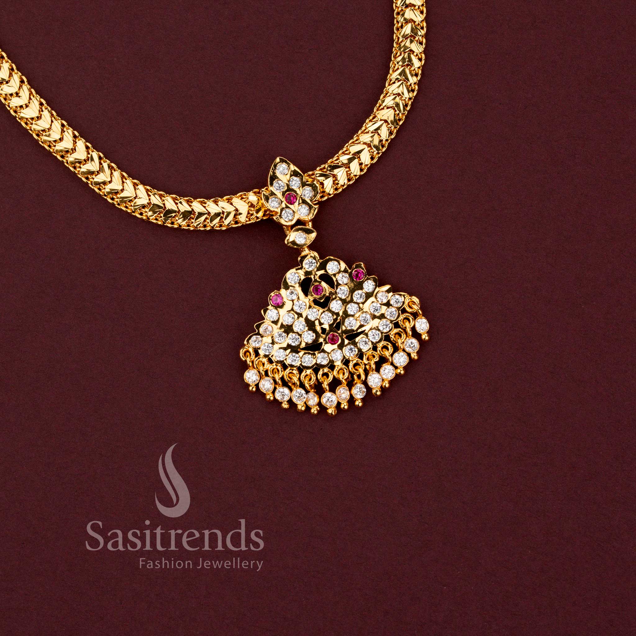 Impon micro gold plated festive necklace with artistic White ruby AD stone pendant 