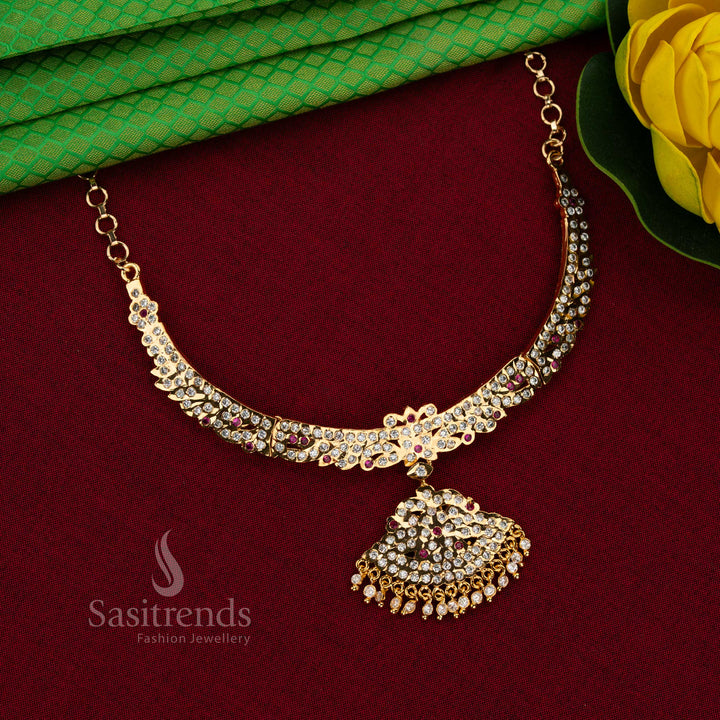 Divine majesty impon micro gold plated attigai flared necklace white ruby in one gram jewellery style for muhurtham and cultural occasions – Sasitrends