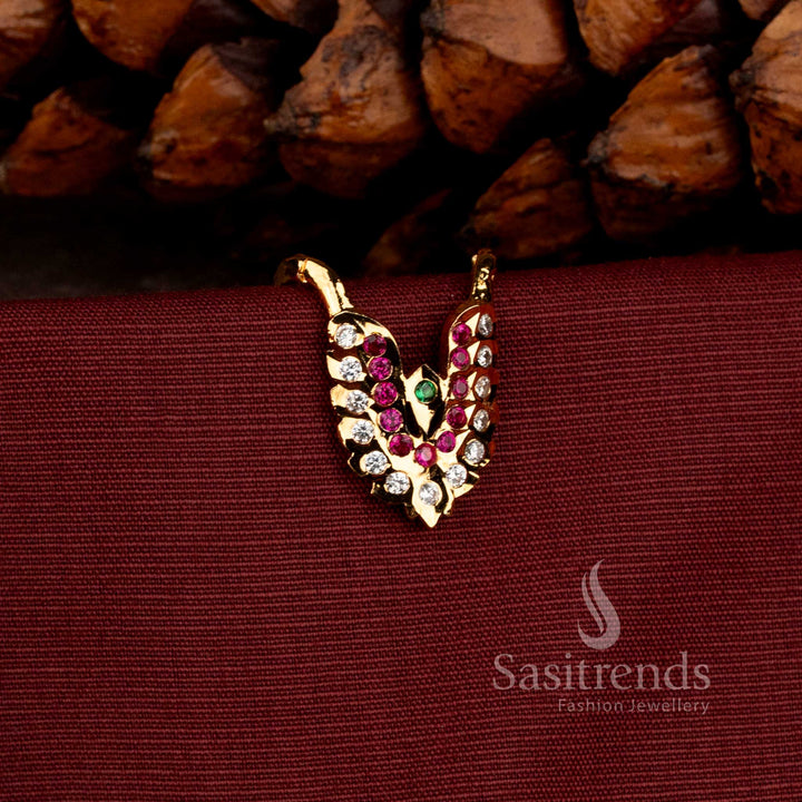 Radiant Impon Gati 24K micro gold plated ring with curved dual V motif and AD stone detailing in white ruby sparkle perfect for festive occasions and traditional gatherings – Sasitrends