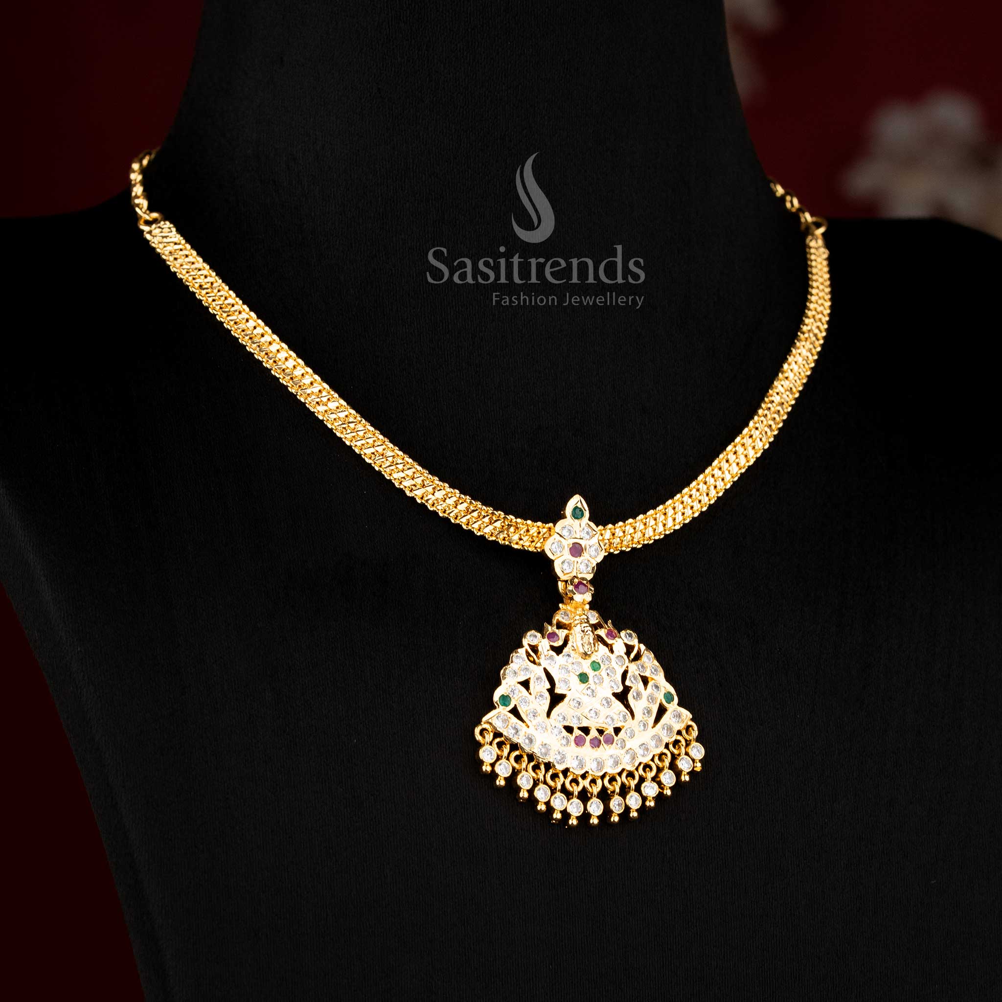Sasitrends traditional micro gold Lakshmi necklace with structured choker layout and hanging drop accents