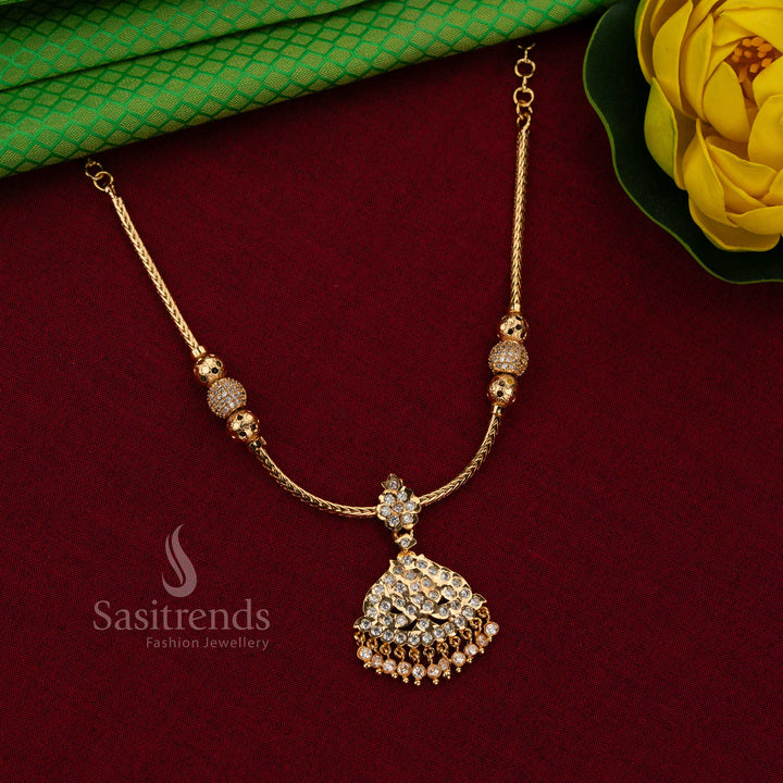 Elegant Traditional Impon Attigai Micro Gold Plated Ball Bead Chain Floral / Lotus-Inspired Pendant Necklace – Guaranteed One Gram Jewellery with 24 Carat Pure Gold Look