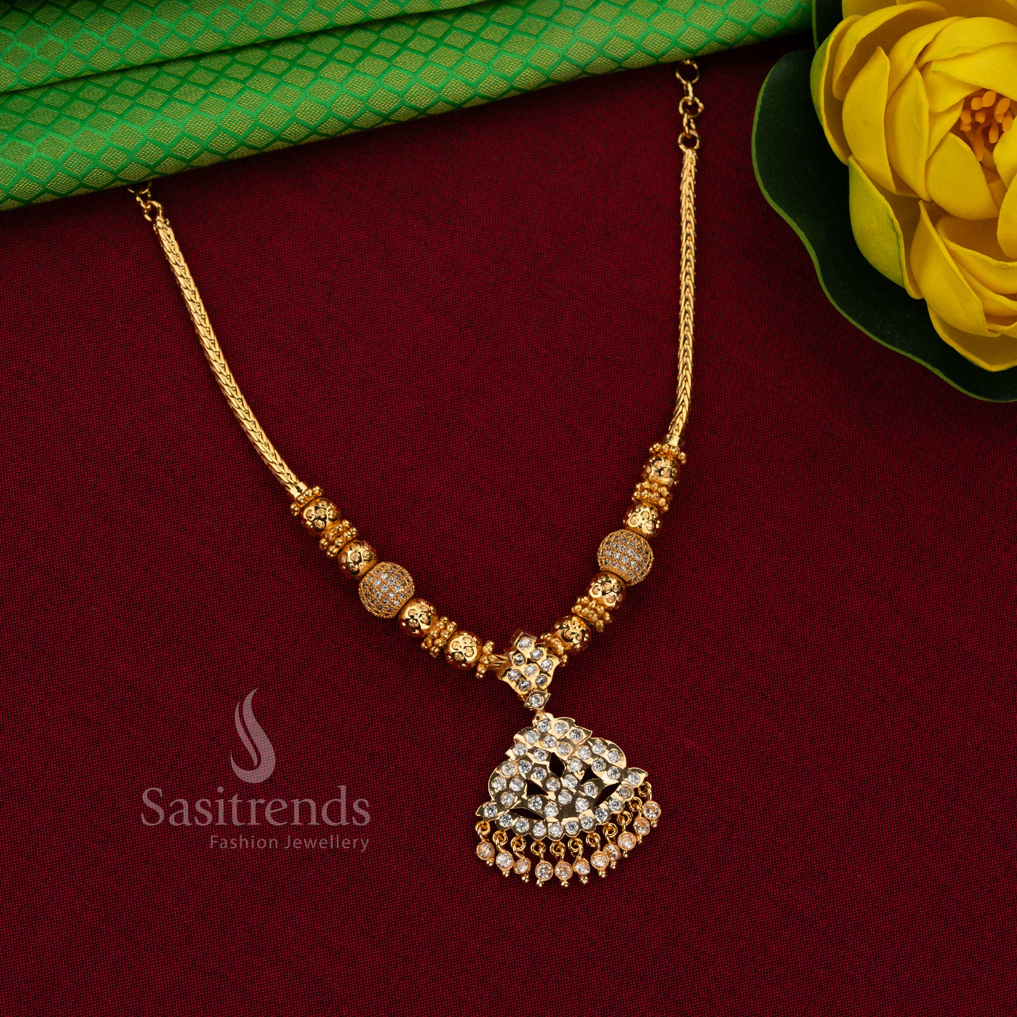 Traditional Impon Attigai lotus-petal pendant necklace with filigree bead chain - Sasitrends