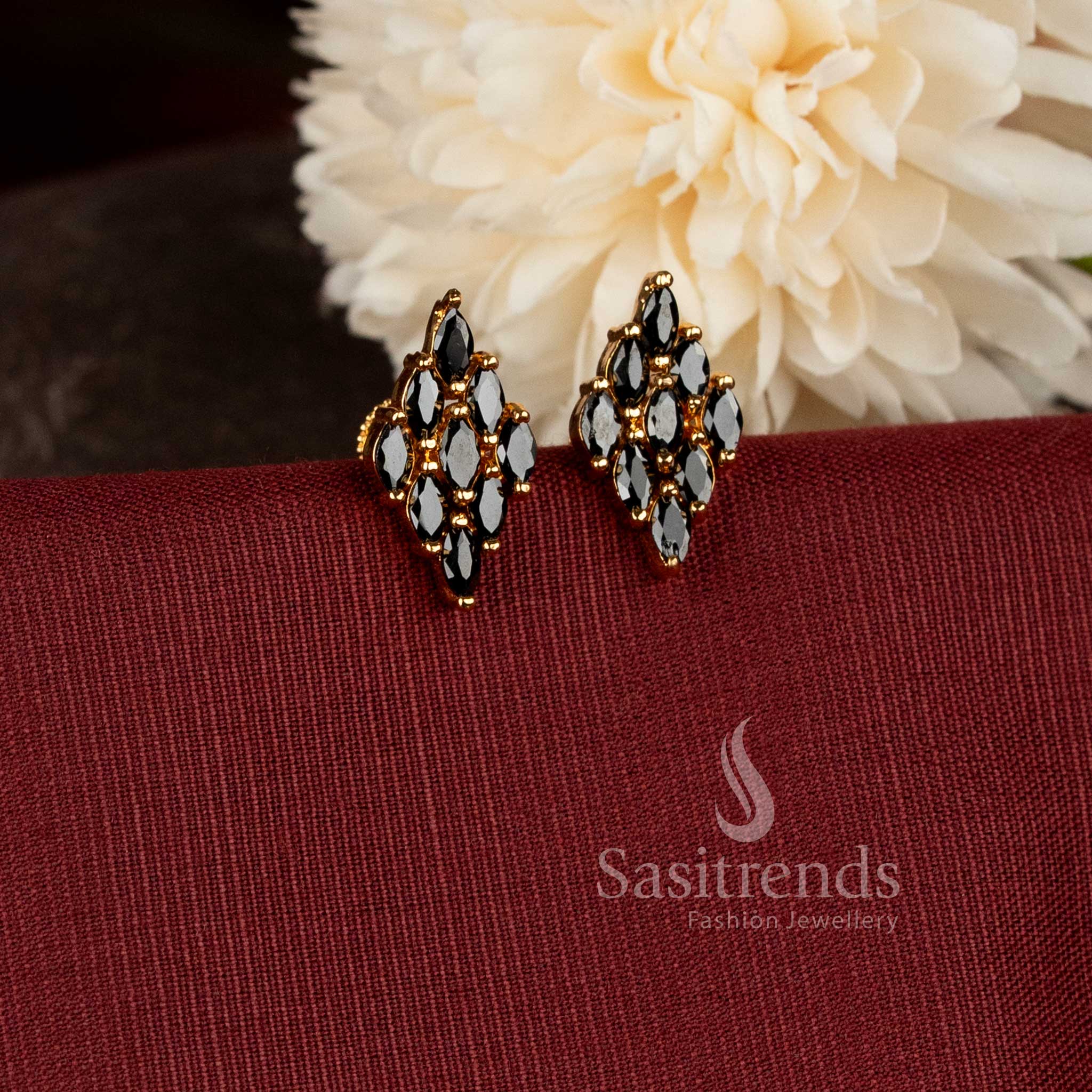 Sasitrends luxury micro gold plated purple American diamond rhombus earrings featuring a radiant 24K gold lustre polish and elegant geometric styling for festive and evening wear.