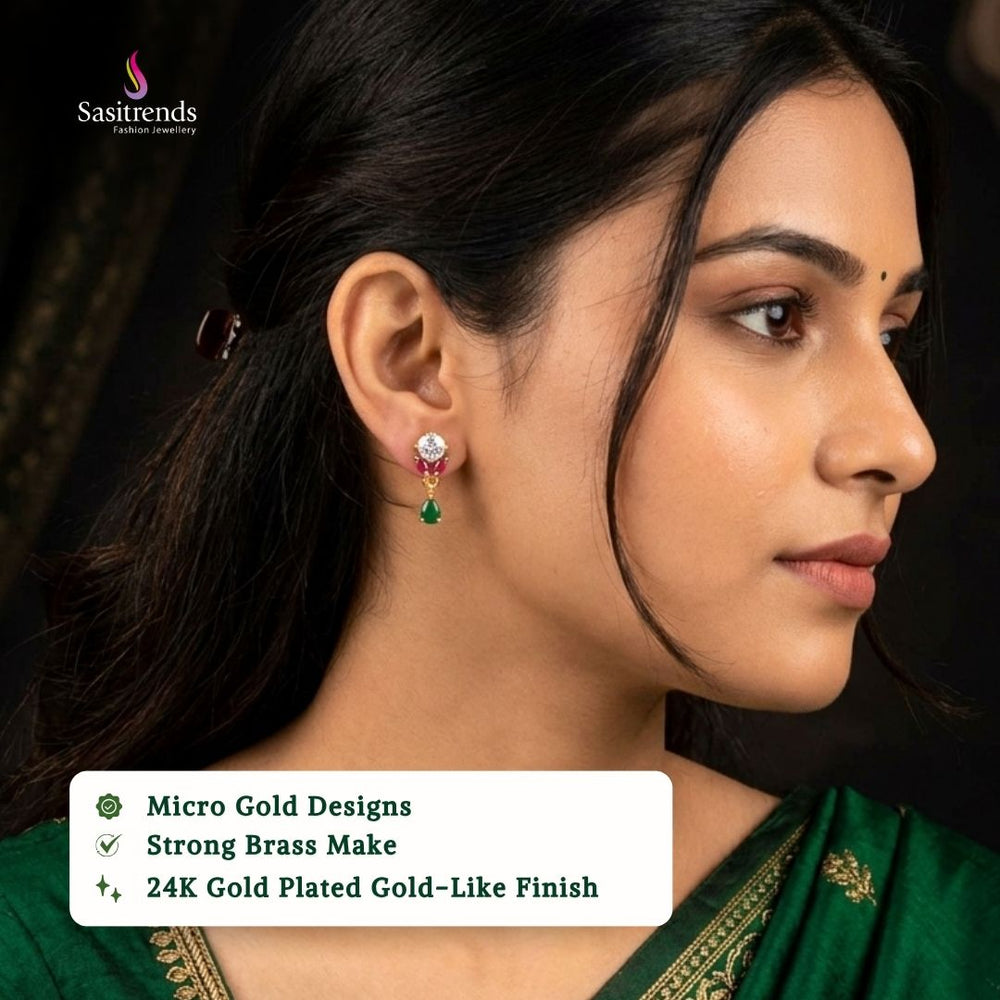 Beautiful collection of micro gold plated earrings worn by a model, featuring an elegant gold finish that complements traditional, festive, wedding, and party wear styles.