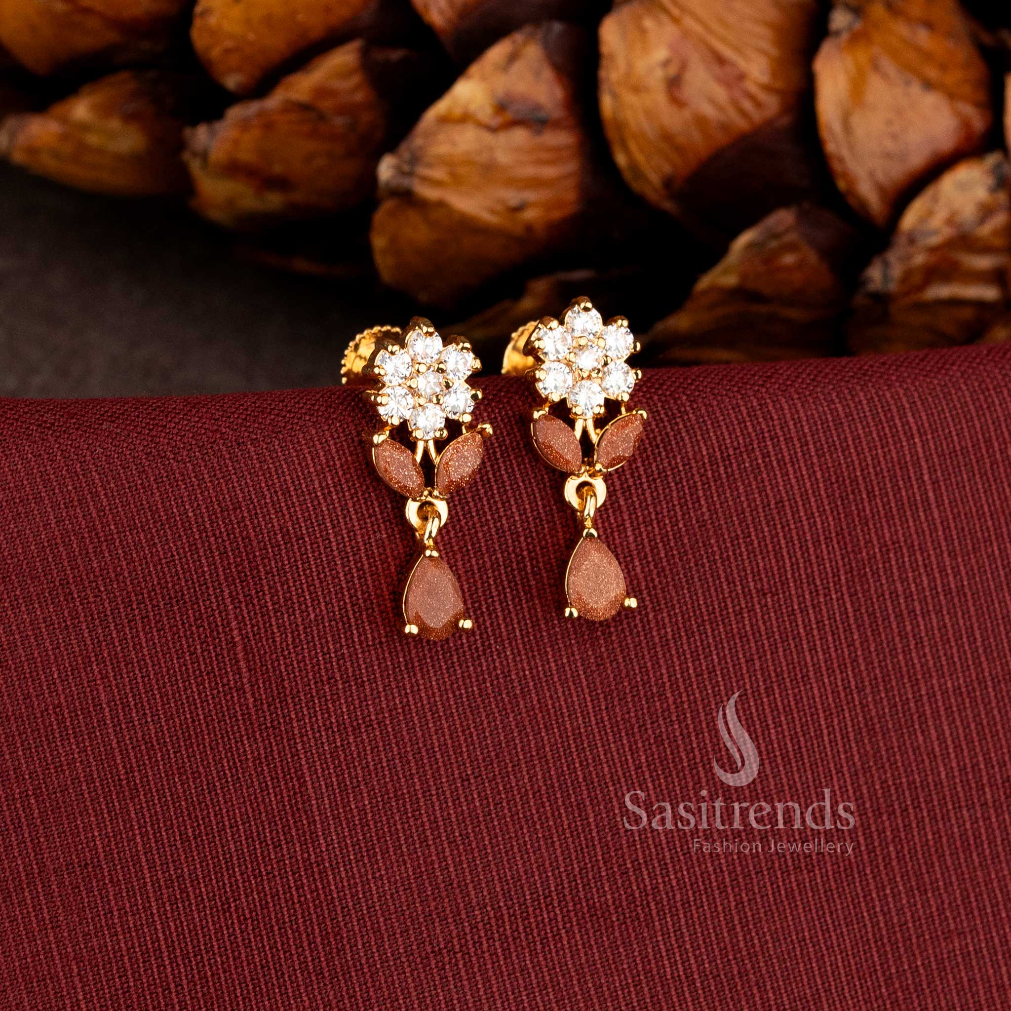 Radiant micro gold plated brown Pear stone floral drop earrings for women sasitrends