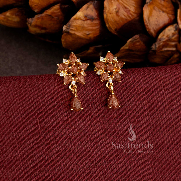 Radiant Heritage-Inspired Micro Gold Plated Brown AD Pear Stone Floral Drop Earrings - Sasitrends