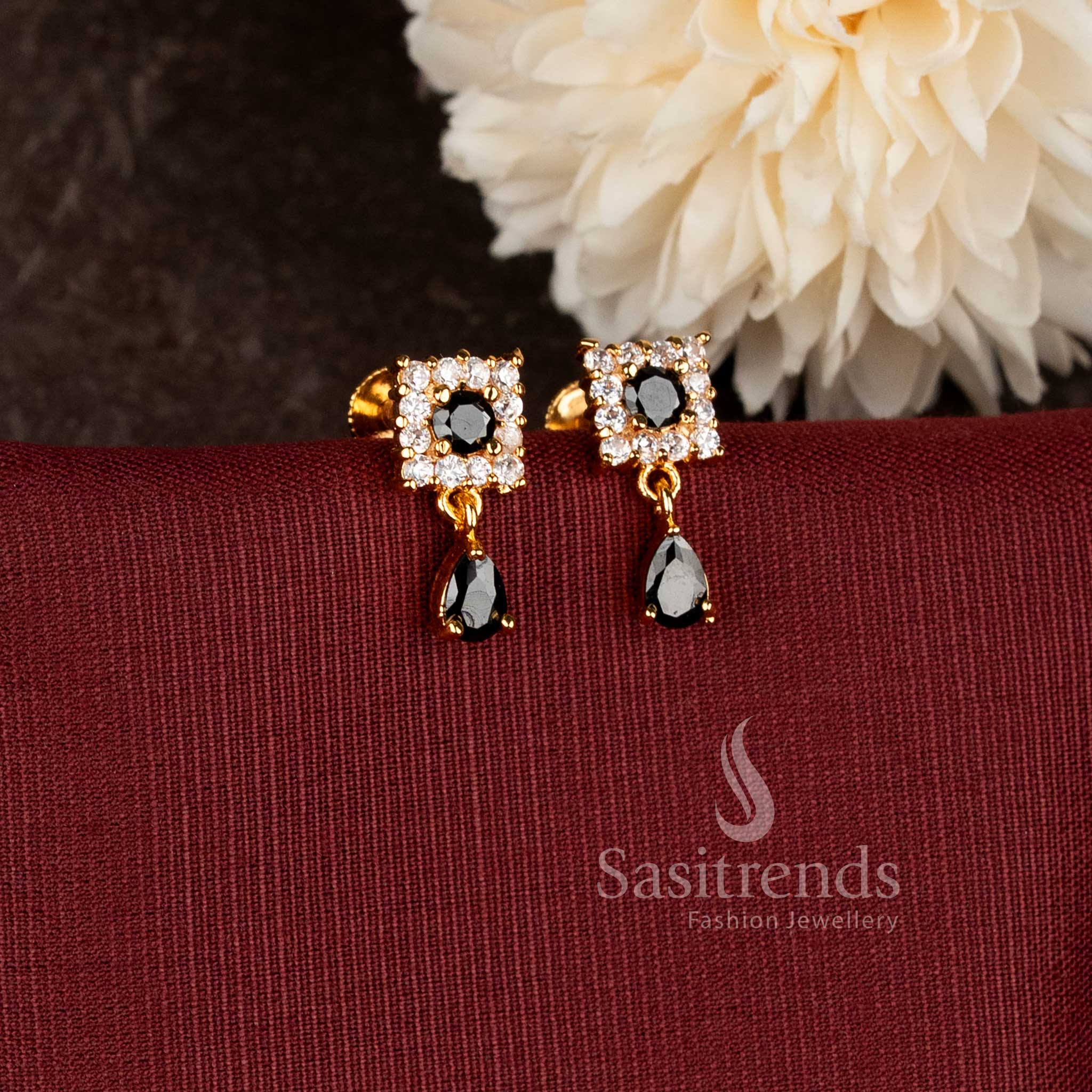 Stylish square drop earrings designed with premium one gram micro gold plated finishing - Sasitrends.