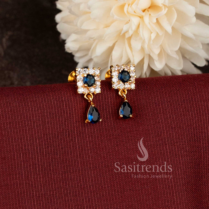 Elegant Micro Gold Plated American Diamond Square Drop Earrings for Festive and Office Wear - Sasitrends
