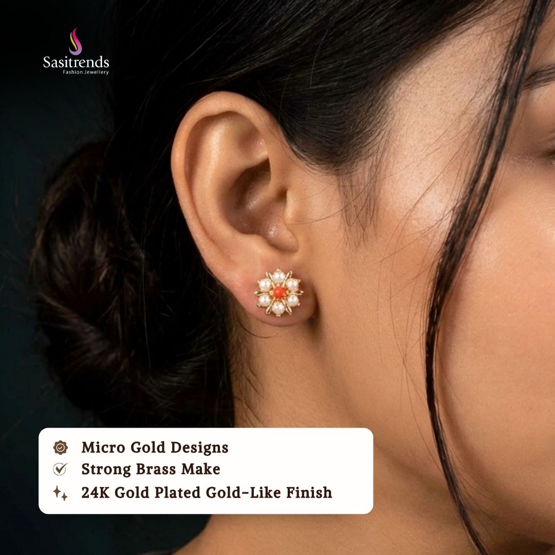 Beautiful collection of micro gold plated earrings worn by a model, featuring an elegant gold finish that complements traditional, festive, wedding, and party wear styles.