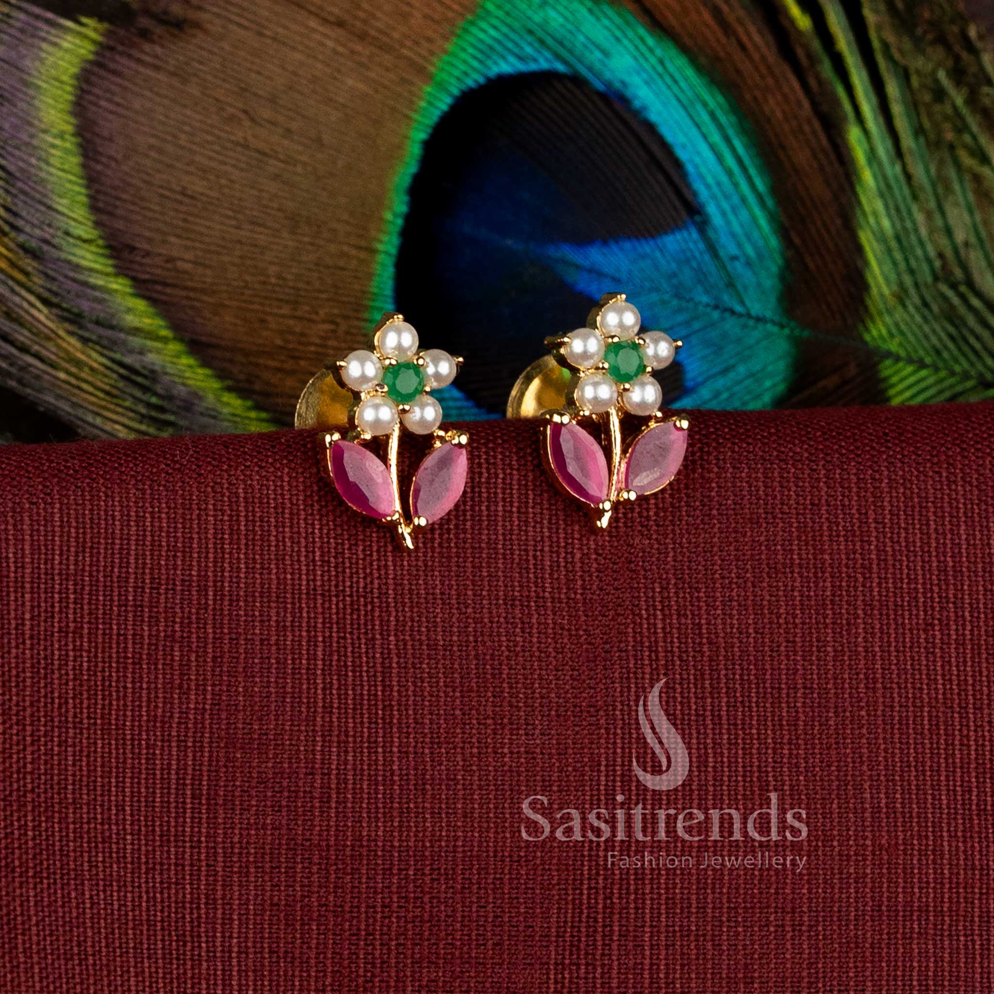Traditional one gram micro gold plated earrings featuring intricate floral and leaf pattern detailing - Sasitrends