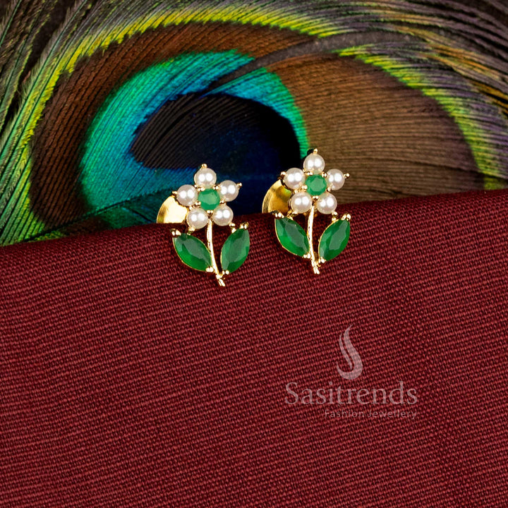 Traditional one gram micro gold plated earrings featuring intricate floral and leaf pattern detailing - Sasitrends