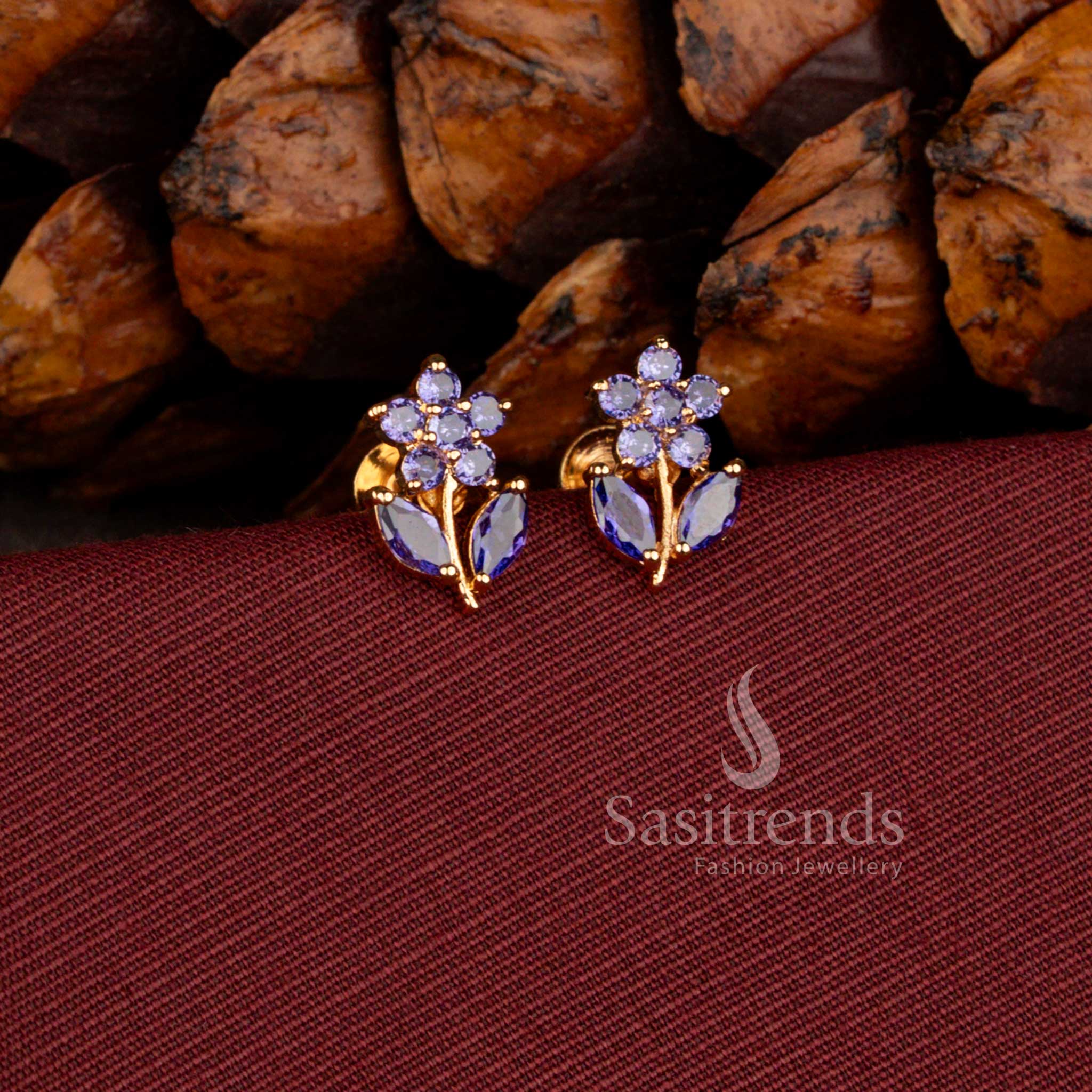 Traditional one gram micro gold plated earrings featuring intricate floral and leaf pattern detailing - Sasitrends