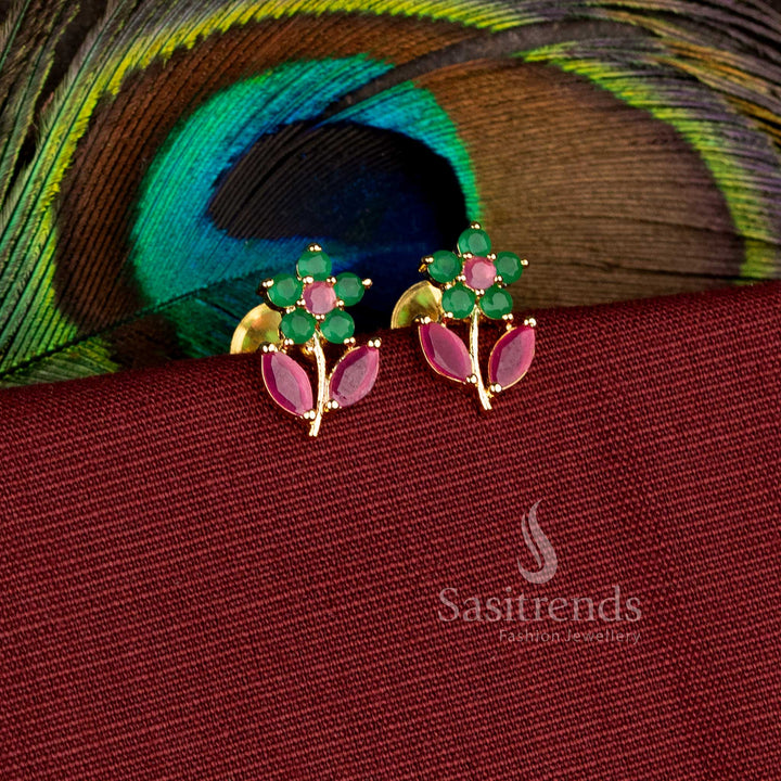 Festive wear micro gold plated floral earrings with guaranteed finish and elegant ruby Stone stone detailing - Sasitrends