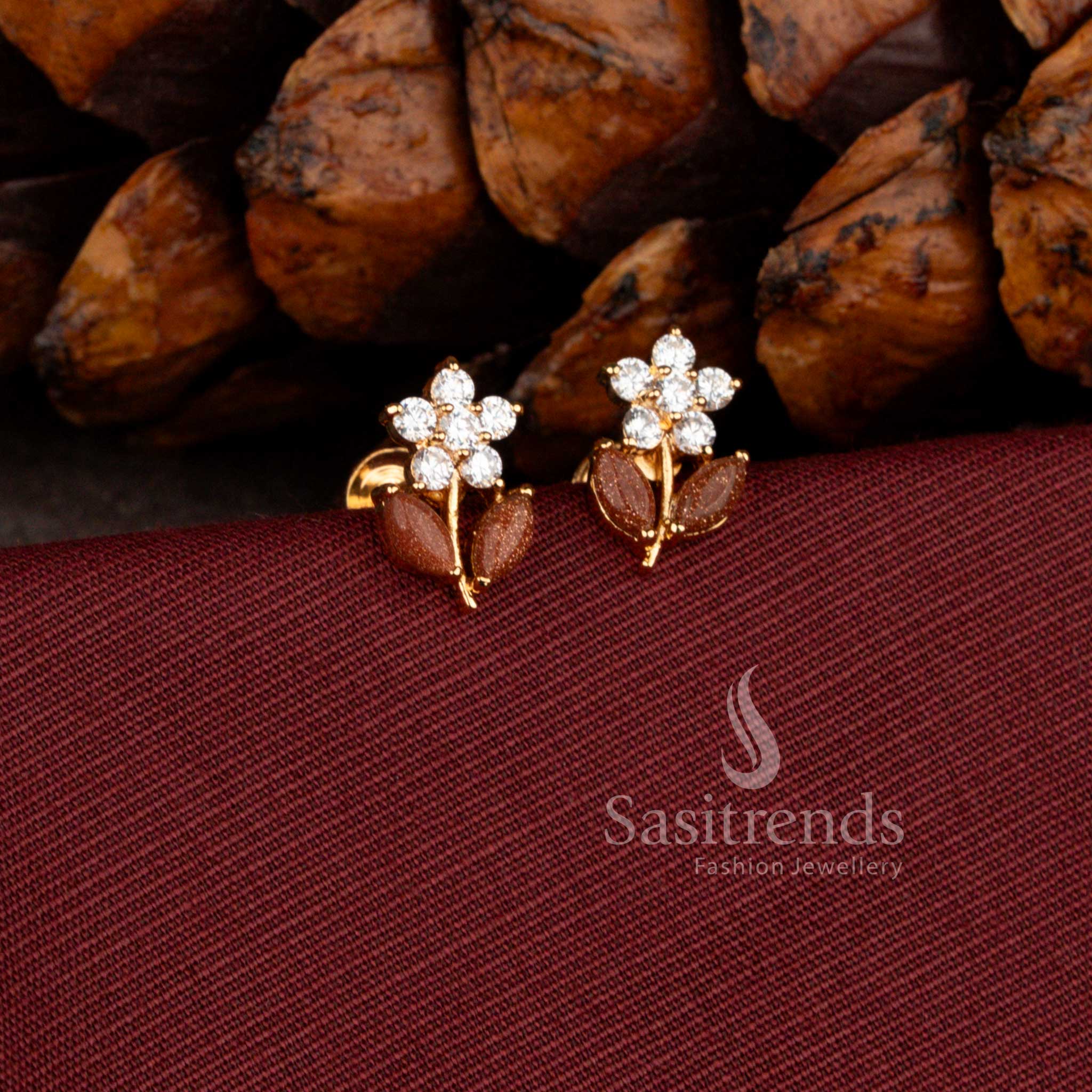 Traditional one gram micro gold plated earrings featuring intricate floral and leaf pattern detailing - Sasitrends