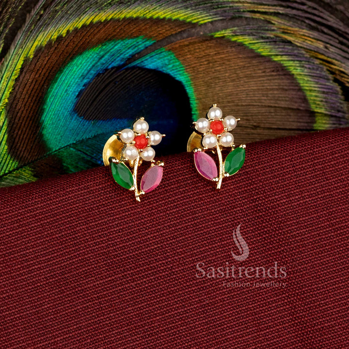 Traditional one gram micro gold plated earrings featuring intricate floral and leaf pattern detailing - Sasitrends