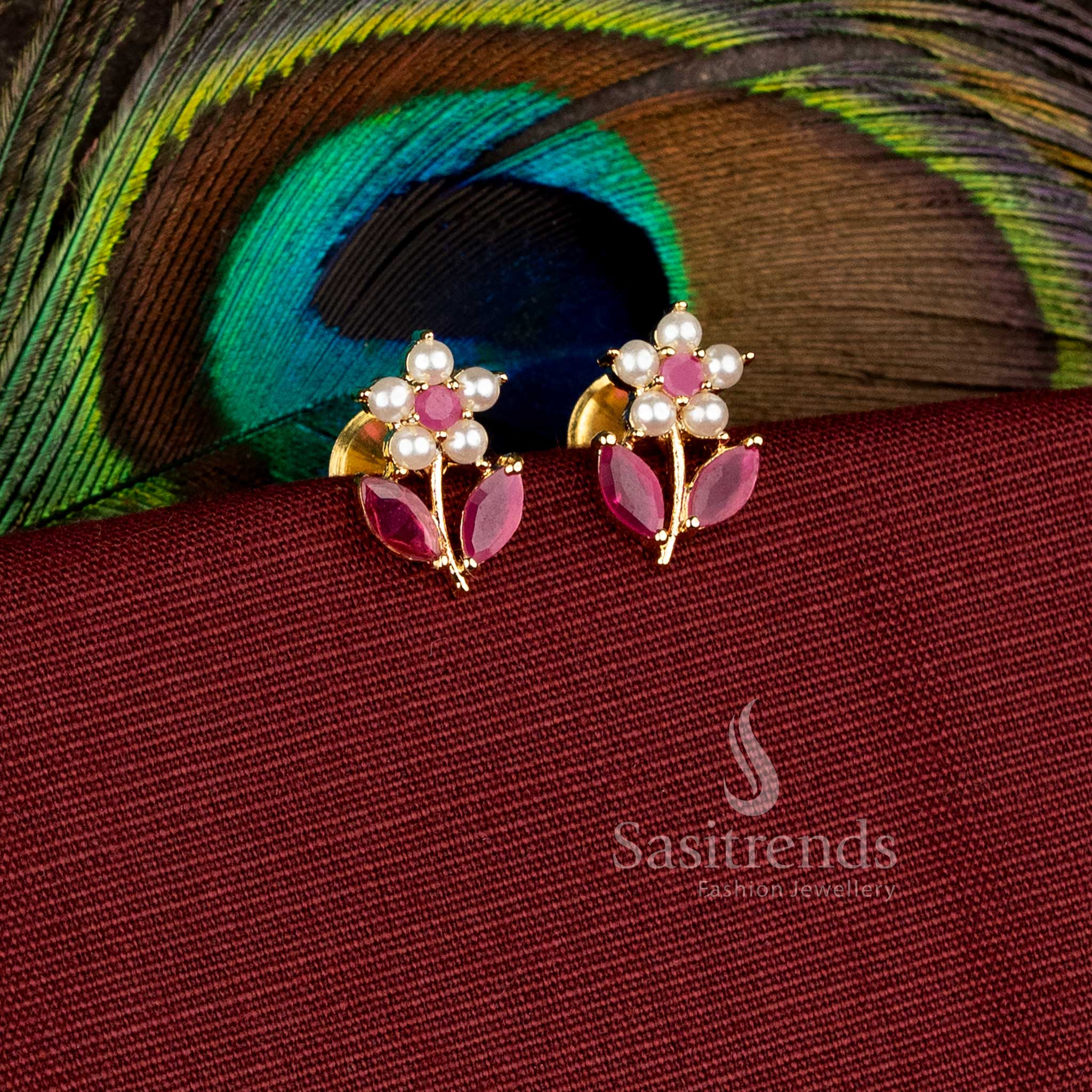 Traditional one gram micro gold plated earrings featuring intricate floral and leaf pattern detailing - Sasitrends