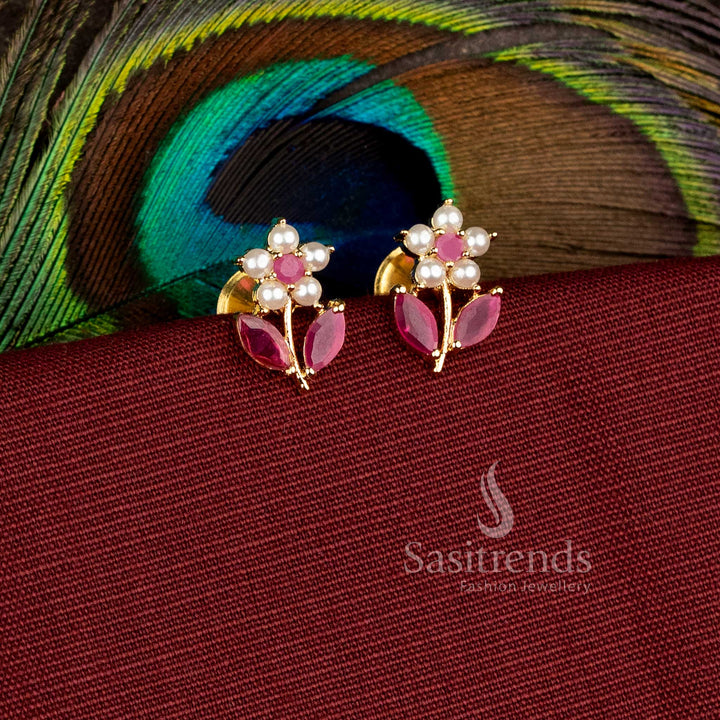Traditional one gram micro gold plated earrings featuring intricate floral and leaf pattern detailing - Sasitrends