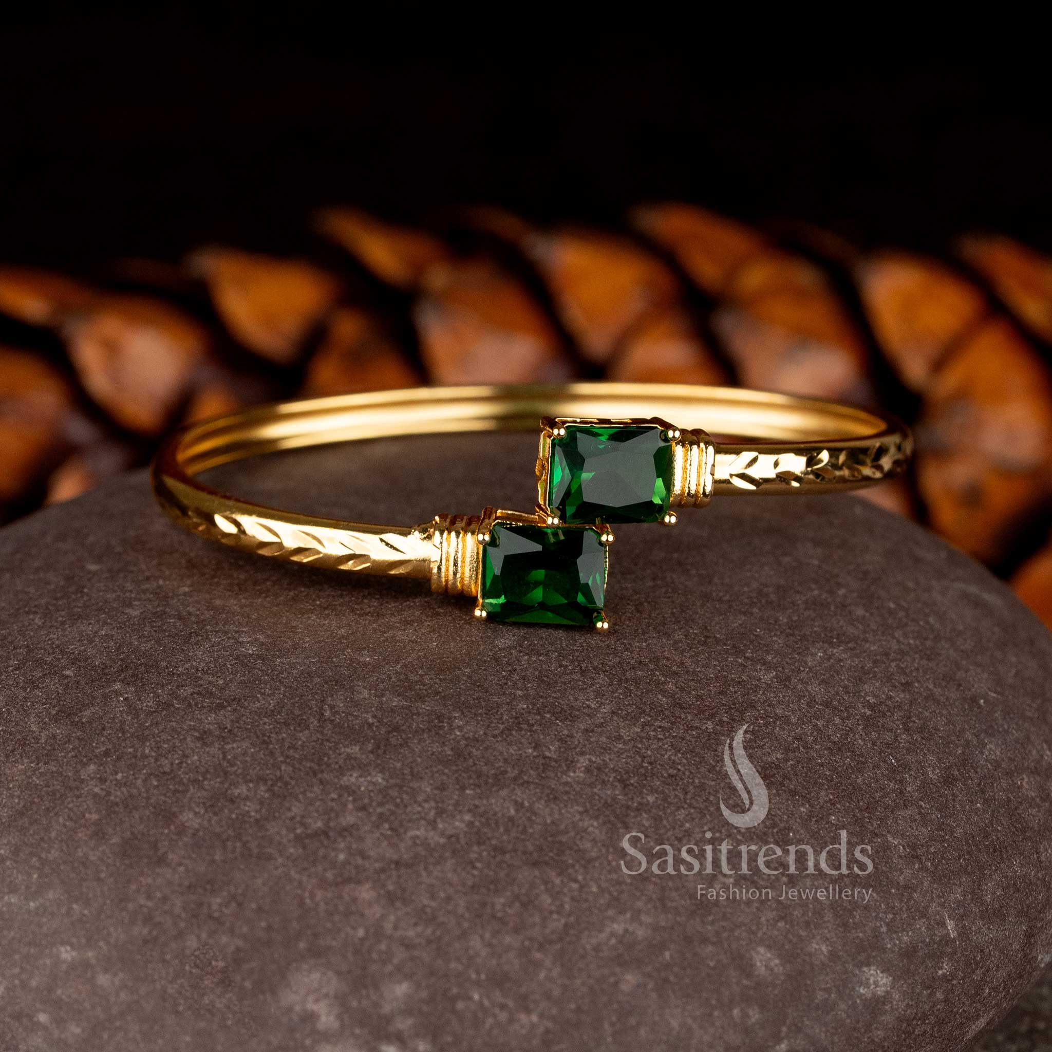 Minimalist Micro Gold Plated bracelet featuring two rectangular American Diamond stones on a hammered gold band - Sasitrends