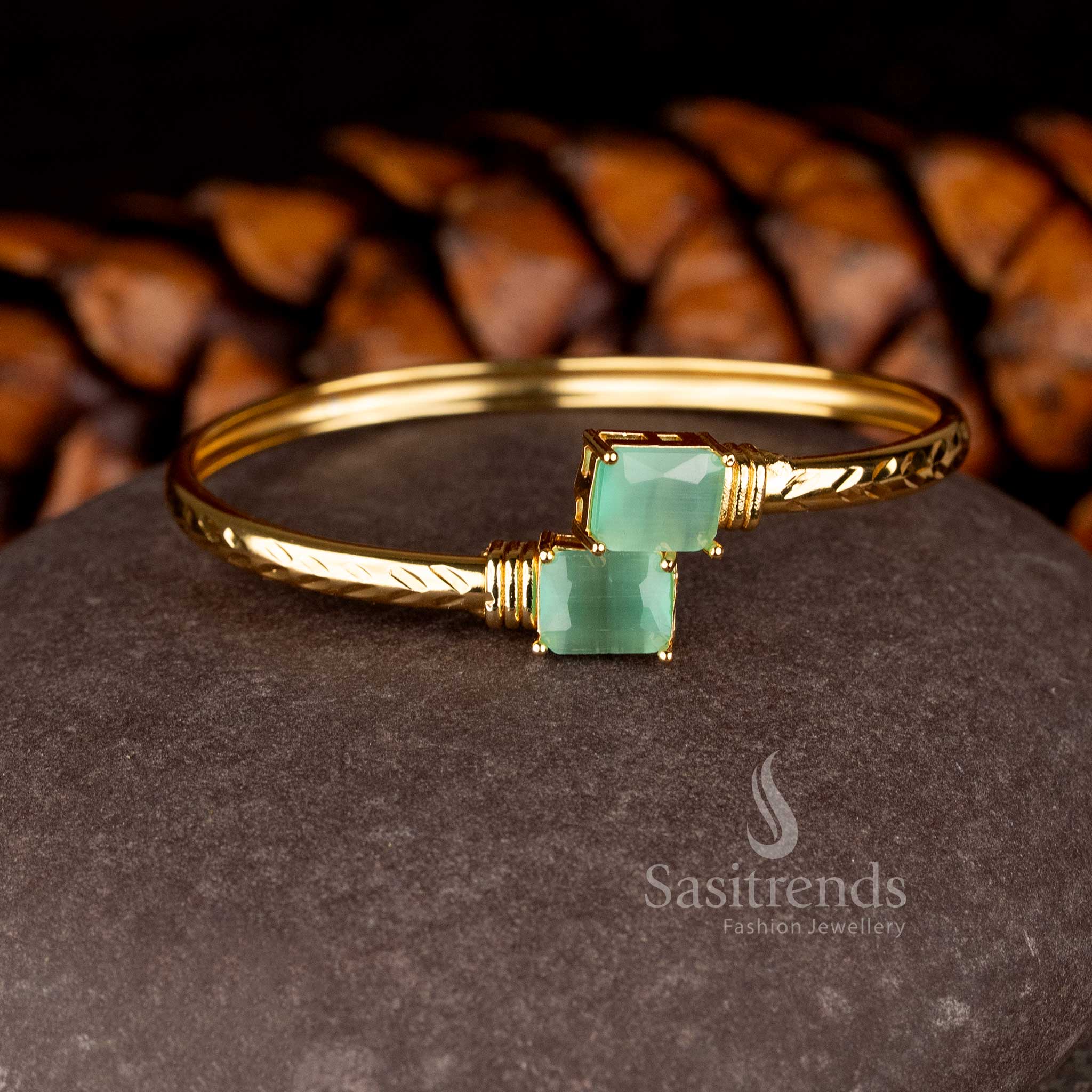 Minimalist Micro Gold Plated openable bracelet featuring two rectangular American Diamond stones on a hammered gold band - Sasitrends