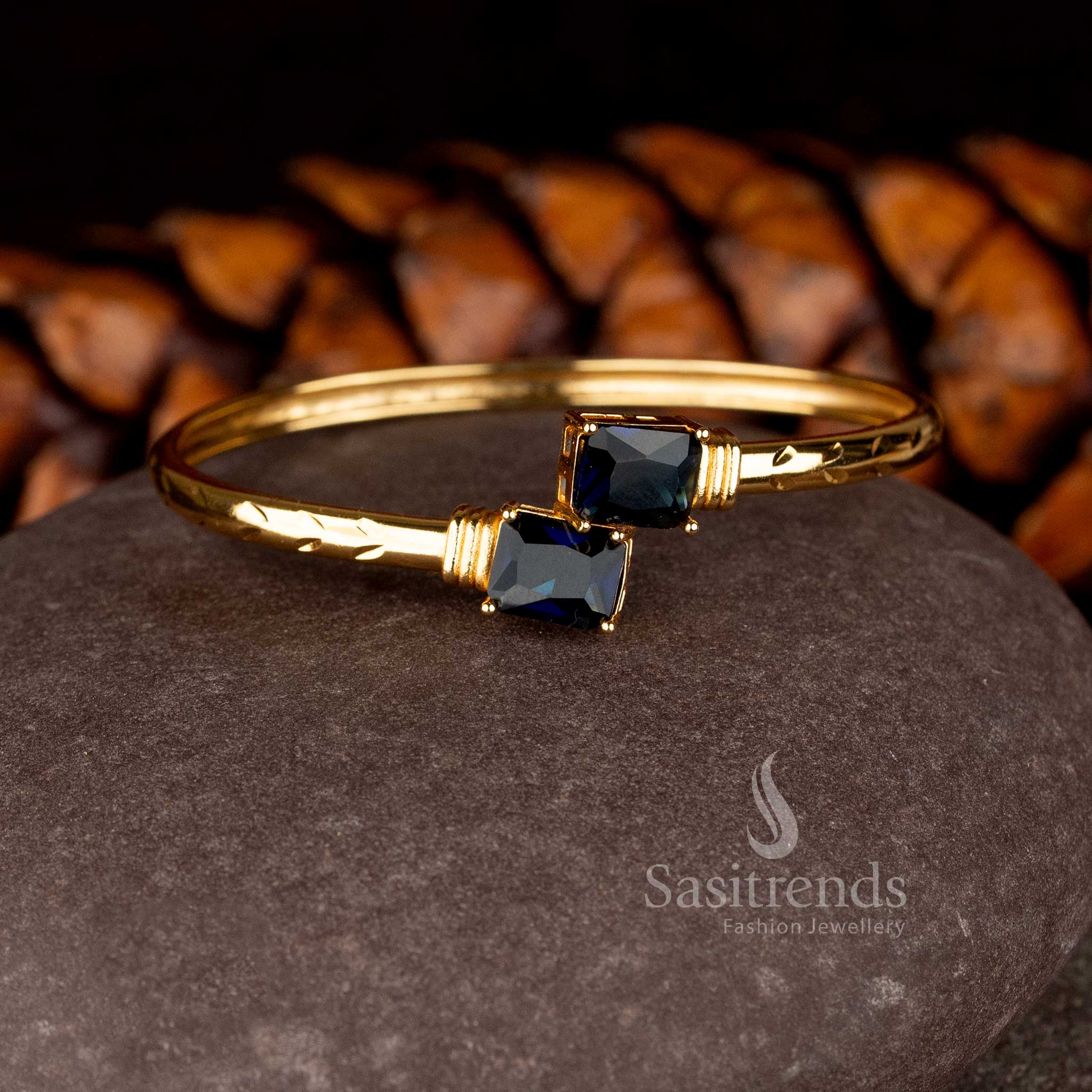 Minimalist Micro Gold Plated bracelet featuring two rectangular American Diamond stones on a hammered gold band - Sasitrends