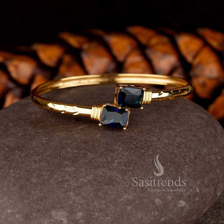 Minimalist Micro Gold Plated bracelet featuring two rectangular American Diamond stones on a hammered gold band - Sasitrends