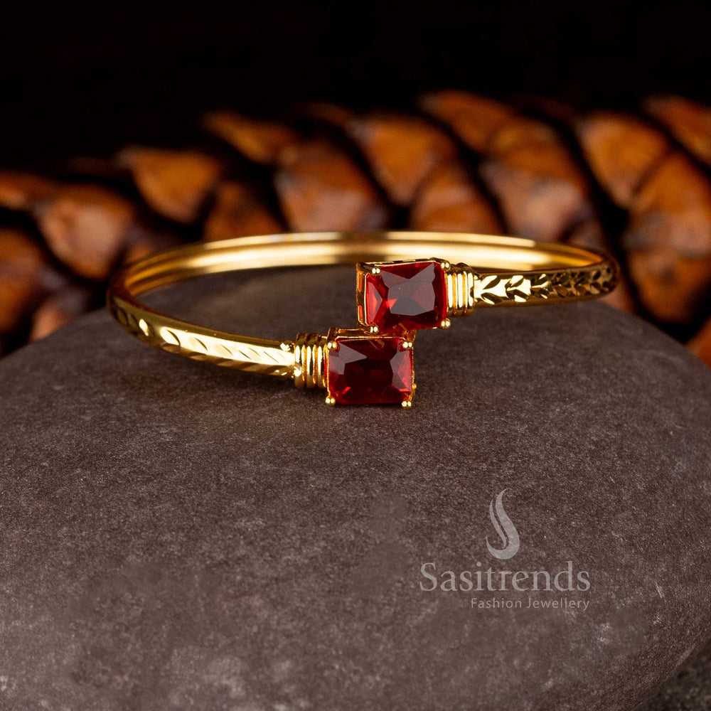 Minimalist Micro Gold Plated openable bracelet featuring two rectangular American Diamond stones on a hammered gold band - Sasitrends