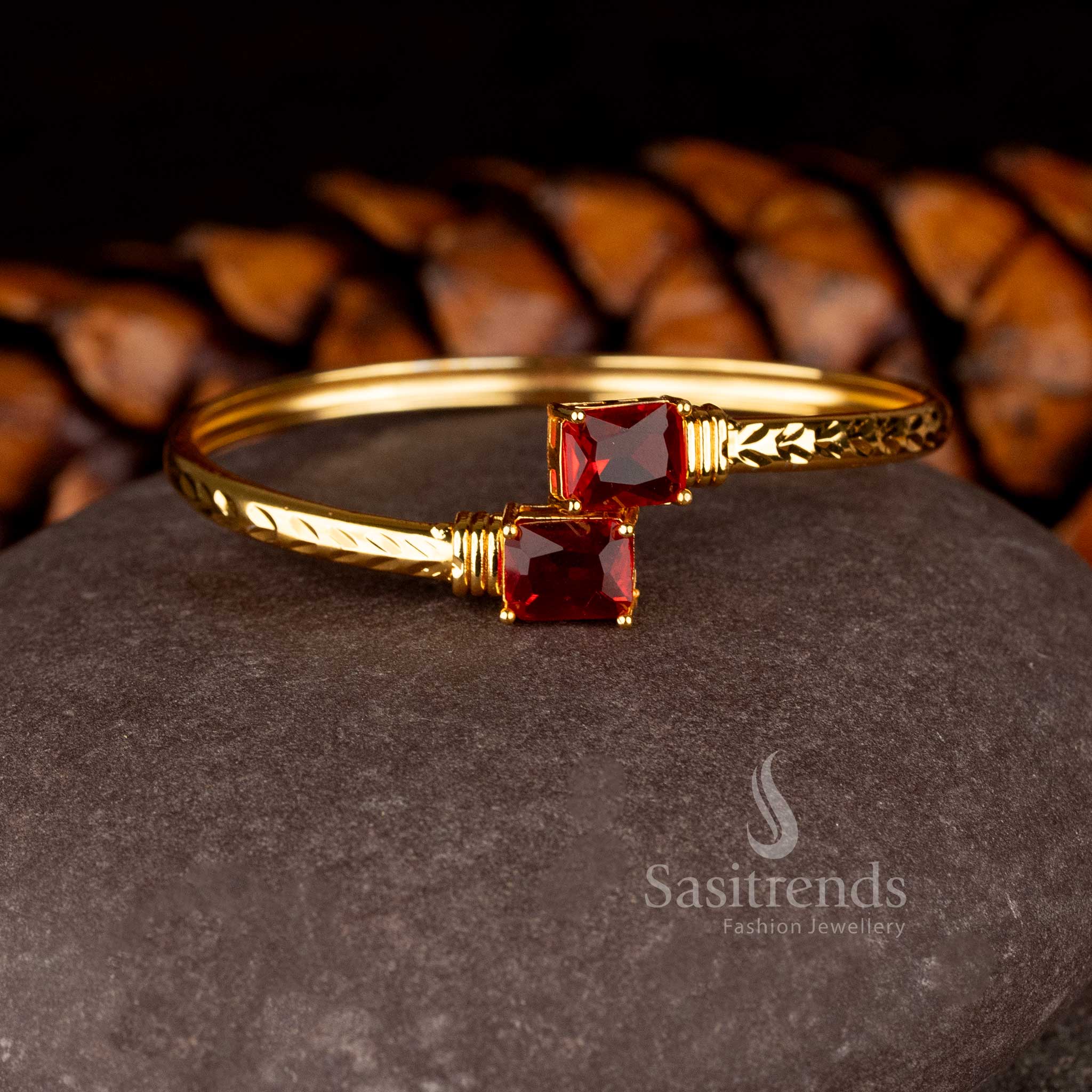 Minimalist Micro Gold Plated openable bracelet featuring two rectangular American Diamond stones on a hammered gold band - Sasitrends