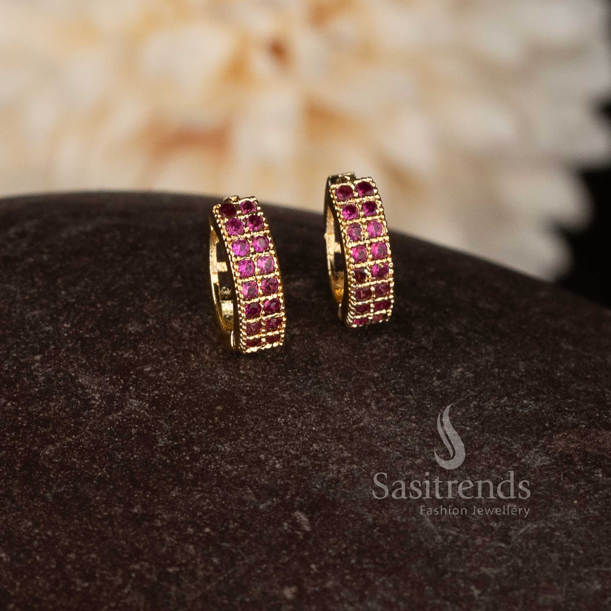Traditional micro gold plated hinged clasp ring style stud earrings featuring sparkling Ruby American diamond stone work – Sasitrends