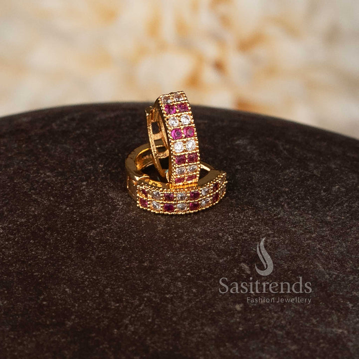 Guaranteed micro gold plated American diamond hinged clasp ring style stud earrings designed in pristine white tone for traditional celebrations – Sasitrends