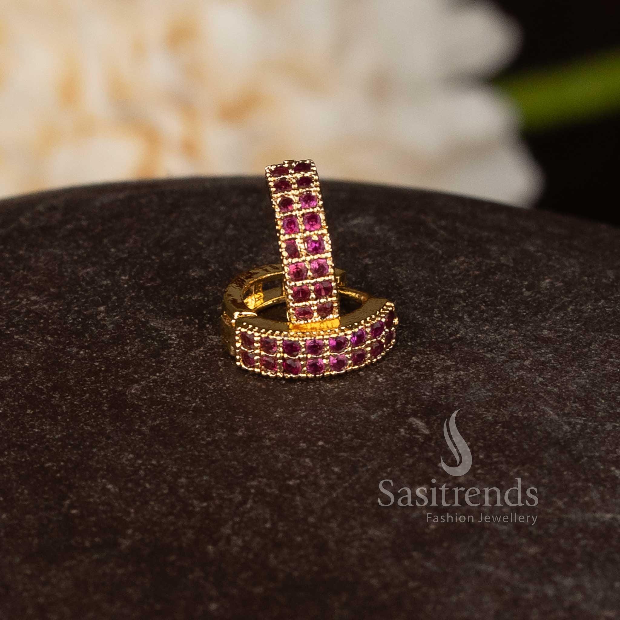 Traditional micro gold plated hinged clasp ring style stud earrings featuring sparkling Ruby American diamond stone work – Sasitrends 