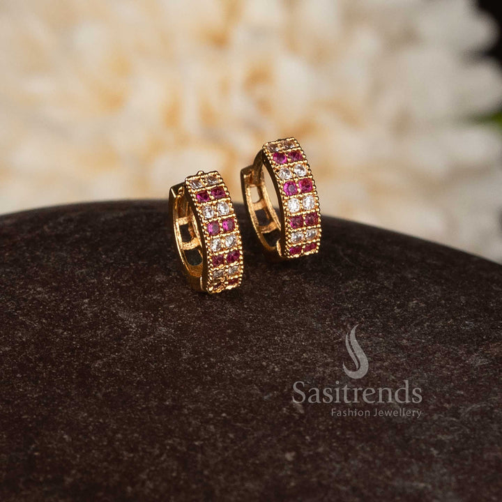 Guaranteed micro gold plated American diamond hinged clasp ring style stud earrings designed in pristine white tone for traditional celebrations – Sasitrends