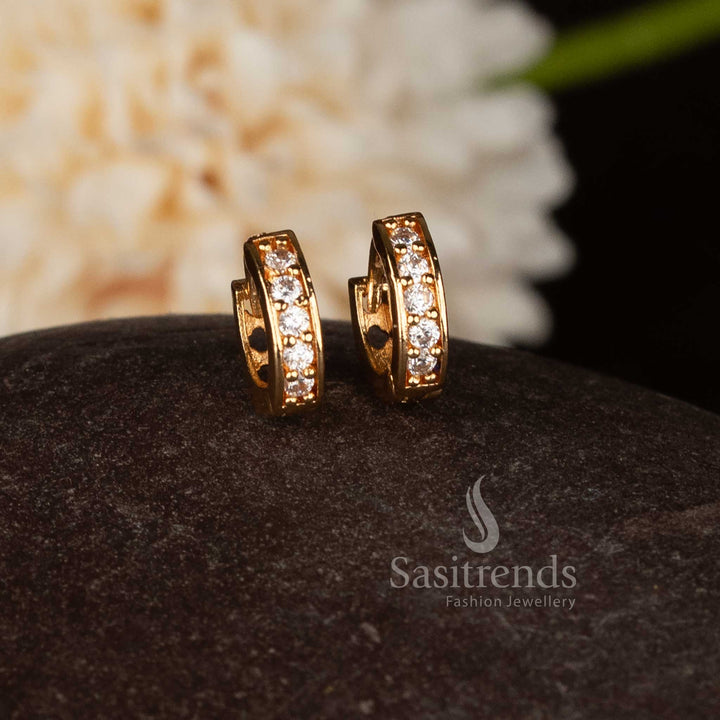 Classic guaranteed micro gold plated AD stud earrings with ring style hinged clasp design in elegant white shade for ethnic wear – Sasitrends