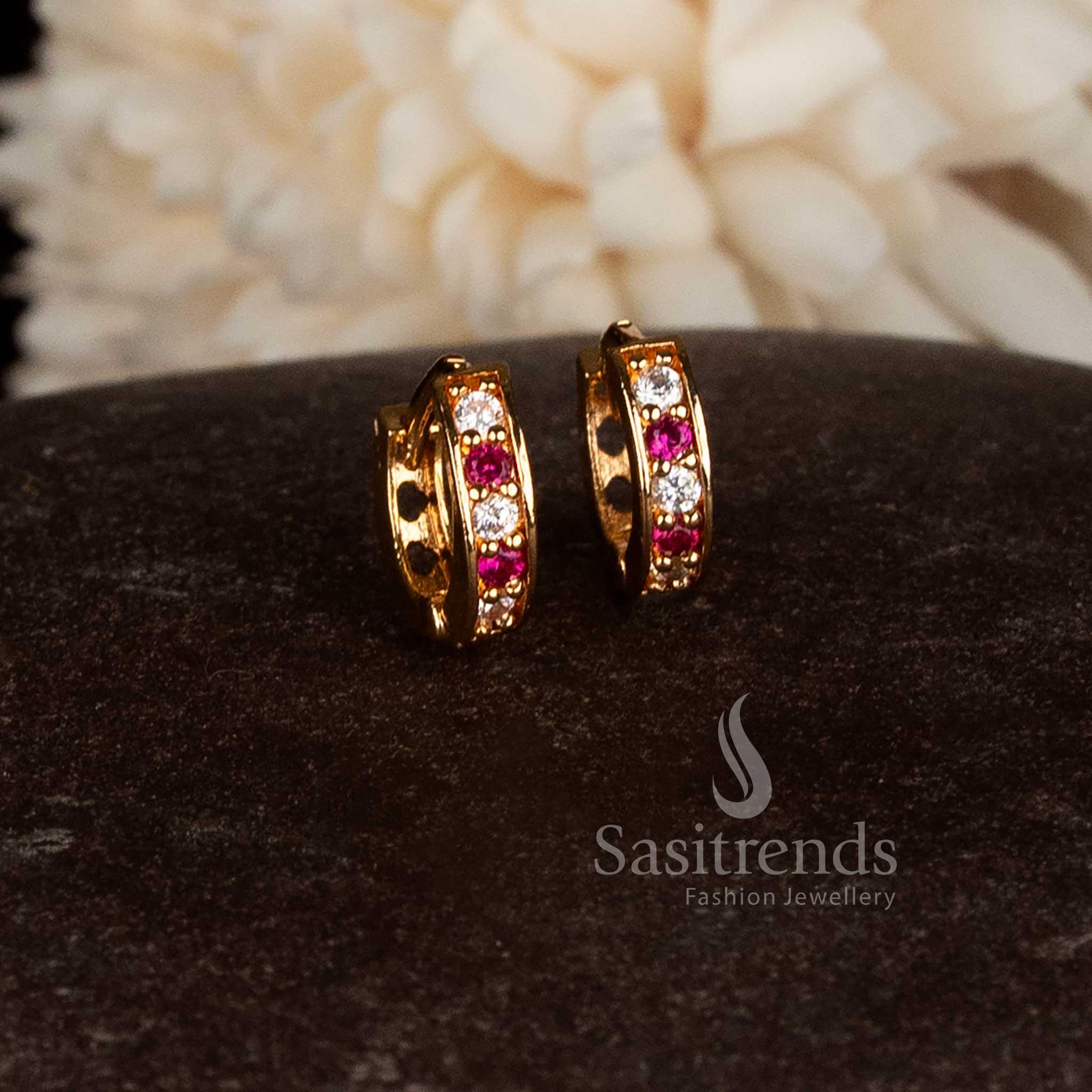Guaranteed micro gold plated American diamond hinged clasp ring style stud earrings crafted in vibrant ruby red shade for traditional wear – Sasitrends