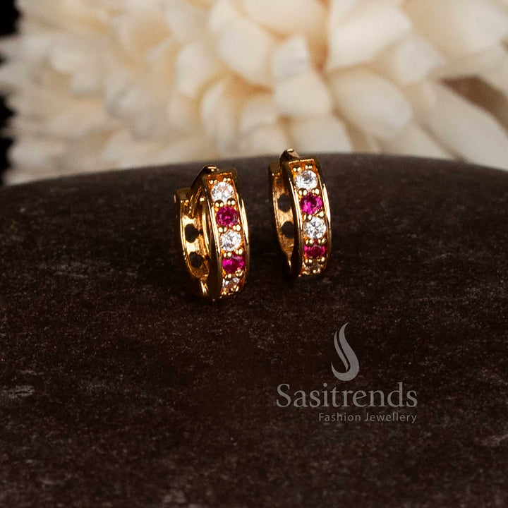 Guaranteed micro gold plated American diamond hinged clasp ring style stud earrings crafted in vibrant ruby red shade for traditional wear – Sasitrends